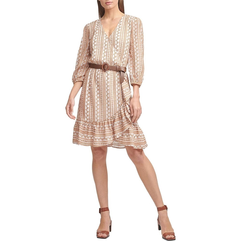 Calvin Klein Lace V-Neck 3/4 Sleeve Belted Ruffle Dress Faux Wrap Size Large NEW